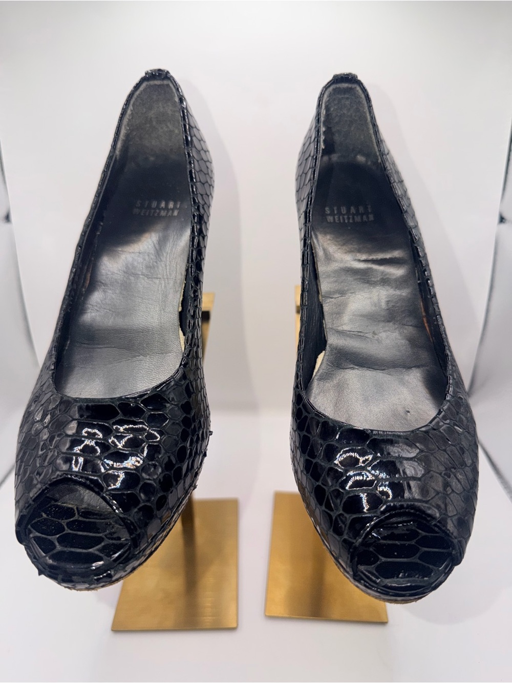 Stuart Weitzman Black Patent Snakeskin Peep-Toe Heels with Gold Accents